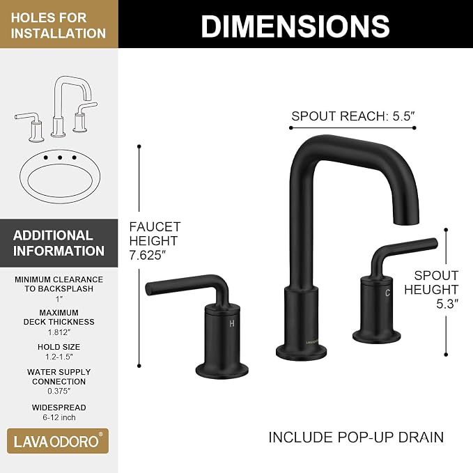 3 Hole Bathroom Faucet, Matte Black Bath Faucet | 8 Inch Widespread Faucet, 2 Handle Bathroom Sink Faucet with Drain Assembly Supply Line, Solid Brass Bath Faucet BF503-MB