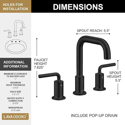 3 Hole Bathroom Faucet, Matte Black Bath Faucet | 8 Inch Widespread Faucet, 2 Handle Bathroom Sink Faucet with Drain Assembly Supply Line, Solid Brass Bath Faucet BF503-MB