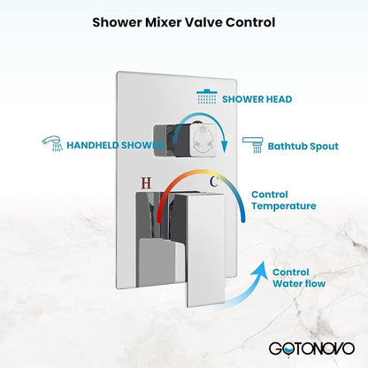 gotonovo Tub Shower Faucet Set with Valve Kit 10’’ Head,Polished Chrome | Shower System with Tub Spout,SUS304 Rain Head with Handheld Sprayer,Swivel Spout,All Metal,Rough-In Valve Trim Kit,Wall Mount
