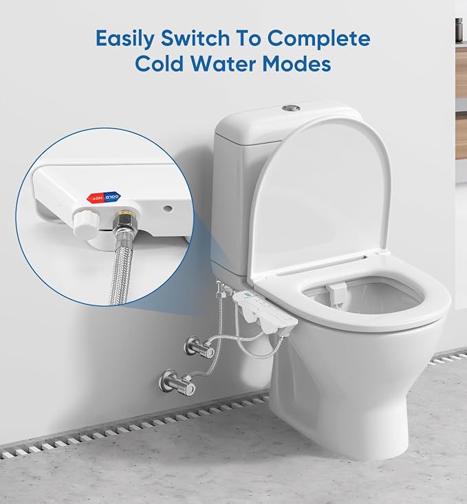 Ultra-Slim 3-in1 Bidet, Warm Water, Self-Cleaning, Posterior&Feminine Wash-(Retractable Dual Nozzles), Non-Electric Bidet Attachment for Toilet Seat, Adjustable Water Pressure, Stainless Steel Inlet | Toilet Seat Add-On