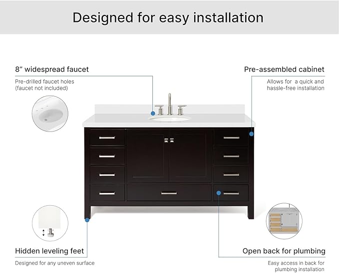 ARIEL Cambridge 60-inch Bathroom Vanity with Sink,Solid Wood, 1.5-inch Pure White Quartz Countertop & Backsplash, Single Oval Porcelain Sink, 2 Soft Closing Doors, 9 Dovetail Drawers, Espresso