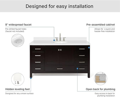ARIEL Cambridge 60-inch Bathroom Vanity with Sink,Solid Wood, 1.5-inch Pure White Quartz Countertop & Backsplash, Single Oval Porcelain Sink, 2 Soft Closing Doors, 9 Dovetail Drawers, Espresso