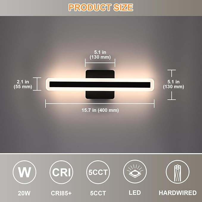 15.7 Inch Black Vanity Light for Bathroom Light Fixtures, 20W 5CCT Dimmable LED Vanity Lights Bar 2700K-5500K, Modern LED Bath Lights Wall Sconces for Bathroom Mirror Cabinets Bedroom