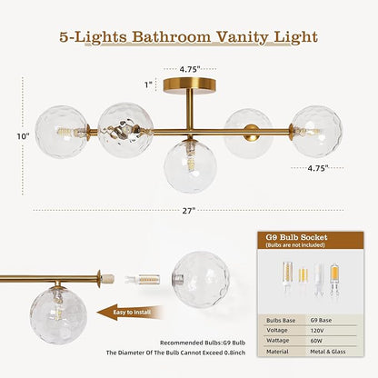 Bathroom Vanity Mirror Light Fixtures: Dimmable 5 Lights Bath Wall Sconce Lighting - Brass Gold Vanity Lights with Hammered Clear Glass Shade - Modern Minimalist Makeup Light Above Mirror G9 Base