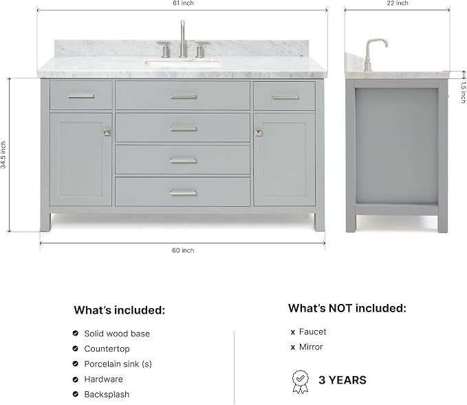 Alenza 60 Inch Bathroom Vanity Single Sink — Grey Bathroom Vanity with Sink, 1.5" Edge Italian Carrara Marble Countertop & Backsplash, 2 Soft-Close Doors, 5 Dovetail Drawers