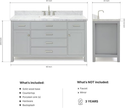 Alenza 60 Inch Bathroom Vanity Single Sink — Grey Bathroom Vanity with Sink, 1.5" Edge Italian Carrara Marble Countertop & Backsplash, 2 Soft-Close Doors, 5 Dovetail Drawers