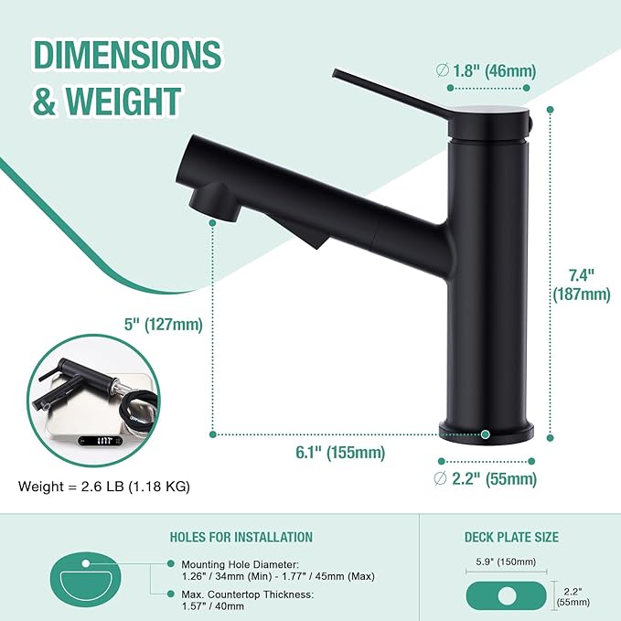 Faustina Matte Black Bathroom Faucet with Pull Out Sprayer, Bathroom Sink Faucet for Vanity or Laundry, Stainless Steel 1 Handle with Deck Plate for 1 or 3 Hole