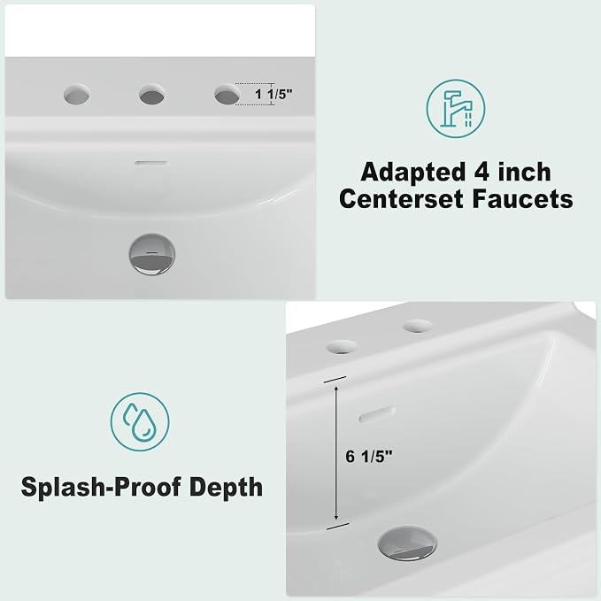Pedestal Sink Square Ceramic Basin with 8 inch 3-Hole Installation, Spacious Bathroom Sink for Home Vanity Projects, Elegant Pedestal Style for Bathroom Remodels
