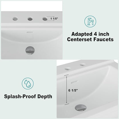 Pedestal Sink Square Ceramic Basin with 8 inch 3-Hole Installation, Spacious Bathroom Sink for Home Vanity Projects, Elegant Pedestal Style for Bathroom Remodels
