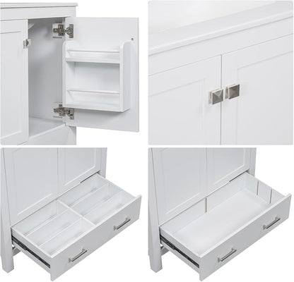 30" Freestanding Bathroom Vanity with Sink, Floor Stand Bathroom Storage Cabinet with Ceramic Sink, Doors with Double-Layered Storage Shelves, Modern Compact Vanity with Divided Drawer, White