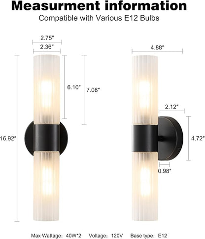 Bathroom Light Fixtures 2-Light, Modern Vanity Light for Bathroom, Wall Sconce with Frosted Glass Rods Shades, Hardwired Wall Light Fixtures for Living Room Bedroom Hallway (Black)