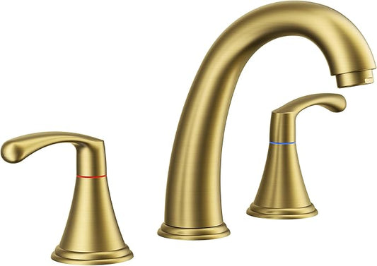 FORIOUS Gold Bathroom Faucet 3 Hole, Widespread Bathroom Sink Faucet 8 Inch with Pop Up Drain and CUPC Supply Hose, 2 Handle for Vanity Rv Commercial Lavatory Restroom