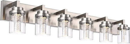 MELUCEE 6-Light LED Bathroom Light Fixtures Brushed Nickel 3000K-6000K | Dimmable Bubble Crystal Vanity Lights with Clear Glass, 5CCT Wall Sconce Lamp for Bathroom Restroom, Built-In Led Chips