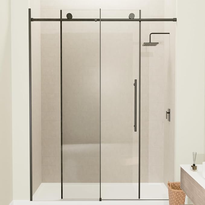 60 x 73 Inch Frameless Single Sliding Shower Door with Nano Coating | Bypass Glass Shower Door with 5/16" SGCC Tempered Glass & Explosion-Proof Film, Water Repellent, Matte Black