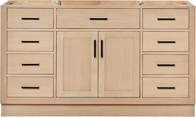 ARIEL Hepburn 60-inch Bathroom Vanity Base Cabinet,Solid Wood, 2 Soft Closing Doors, 9 Dovetail Drawers, White Oak
