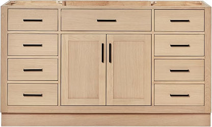 ARIEL Hepburn 60-inch Bathroom Vanity Base Cabinet,Solid Wood, 2 Soft Closing Doors, 9 Dovetail Drawers, White Oak