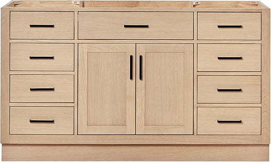 ARIEL Hepburn 60-inch Bathroom Vanity Base Cabinet,Solid Wood, 2 Soft Closing Doors, 9 Dovetail Drawers, White Oak