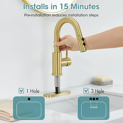 Gold Bathroom Faucet with Pull Down Sprayer, Single Hole Bathroom Faucet with Pop-up Drain and Flexible Hoses, 1 Handle Sink Faucets for Vanity, Modern Farmhouse, Vanity, Restroom