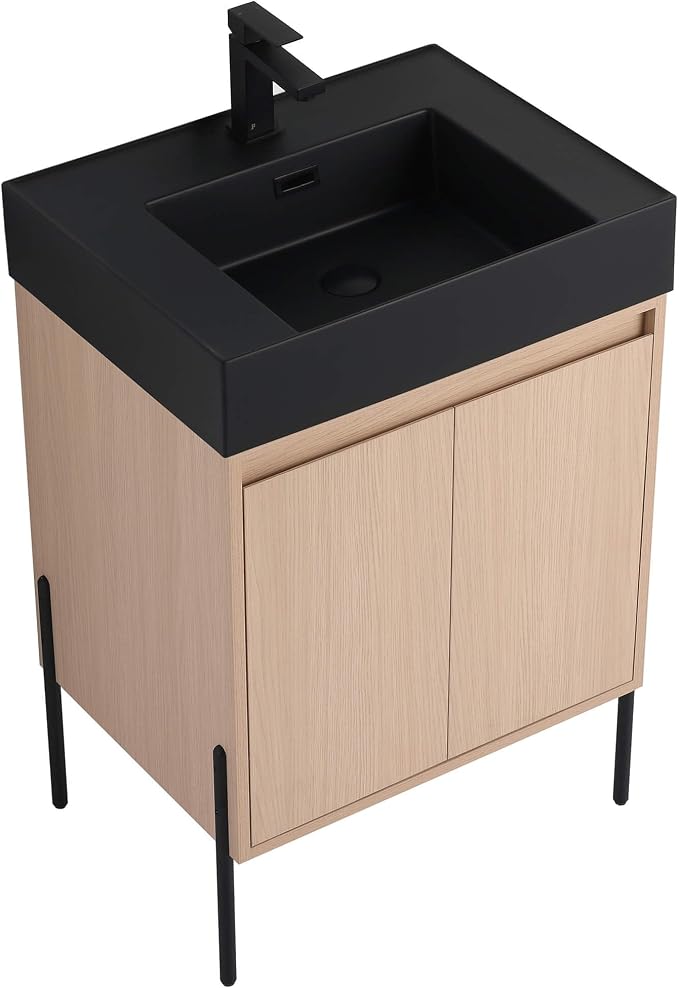 Crownpoint 24 Inch Bathroom Vanity with Sink, Black Sink, White Oak Finish, Full Assembly Required, Elegant Bathroom Vanities for Modern Homes