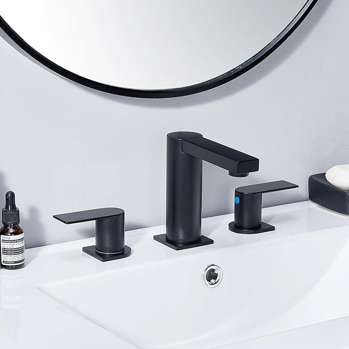Bathroom Faucet Black 3 Hole, Matte Black Widespread Bathroom Faucet, 2-Handle 8-Inch Center Mount Bathroom Sink Faucet with Hose and Pop-Up Drain for RV Bath Vanity Lavatory, VAL079BRH