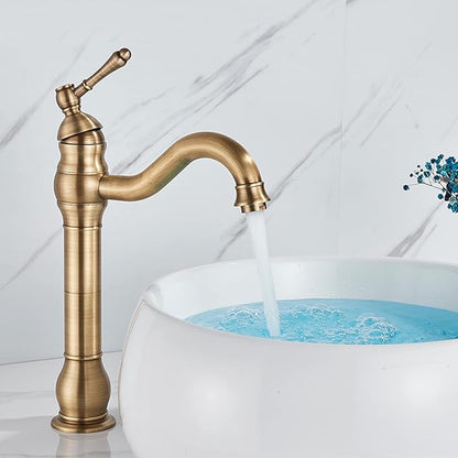 Vintage Bathroom Faucet, 360° Swivel Sink, Cold Hot Mixer Vanity Tap, Single Handle High, Gold(Antique)
