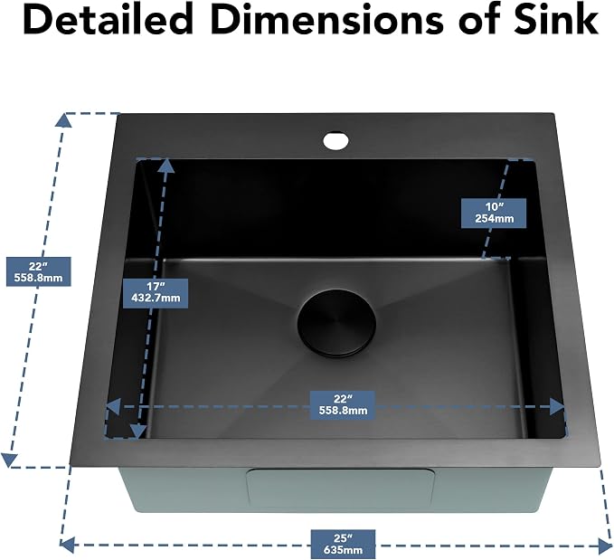 LQS Black Laundry Kitchen Sink, 25” x 22” Drop In Kitchen Sink, Drop In RV Kitchen Sink, Stainless Steel Laundry Sinks, 16 Gauge Black Kitchen Sinks With Accessories