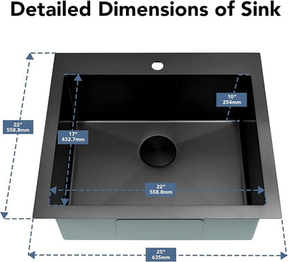 LQS Black Laundry Kitchen Sink, 25” x 22” Drop In Kitchen Sink, Drop In RV Kitchen Sink, Stainless Steel Laundry Sinks, 16 Gauge Black Kitchen Sinks With Accessories
