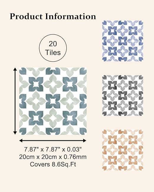 Peel and Stick Floor Tile, Waterproof Vinyl Flooring, Snap-Proof DIY Flooring Tiles for Bathroom, Kitchen, Fireplace, Wall, Backsplash, Home Decor, No Residue, 20 Tiles-7.87" Thin Ver, Aqua