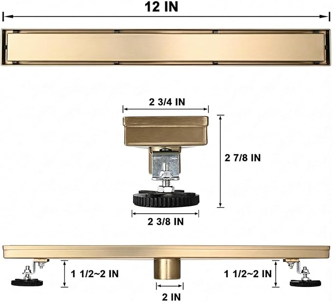 Linear Shower Floor Drain, Brushed Gold 12 Inch 304 Stainless Steel Bathroom Drains Kit, Rectangular Shower Trench Drain with Reversable Tile-in Pattern Drain Cover & Hair Catcher
