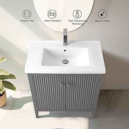 Vanity Art 30 inch Bathroom Vanity with Single Sink & Ceramic Top, Vanity Cabinet with Soft-Closing Door, Solid Wood Frame, Linear Pattern, Cashmere Gray, Golden Brushed Handware VA9130-G-GB