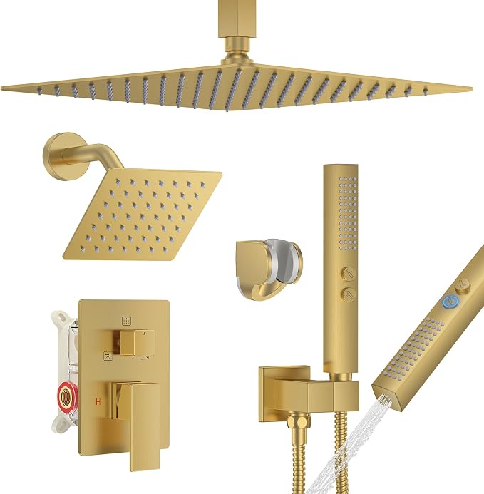 Rain Shower System 12" & 6" Dual Shower Heads Ceiling Shower Faucet Set | Ideal for bathroom remodels and upgrades with 12" rain shower, 6" angled shower, handheld spray and complete valve kit.