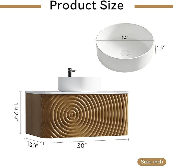 30" Floating Bathroom Vanity with Sink, Mid-Century Wall Mounted Bathroom Vanity Cabinet with Waved Decor, Ceramic Vessel Basin, Sintered Stone Top, Soft Close Storage Drawer, Natural