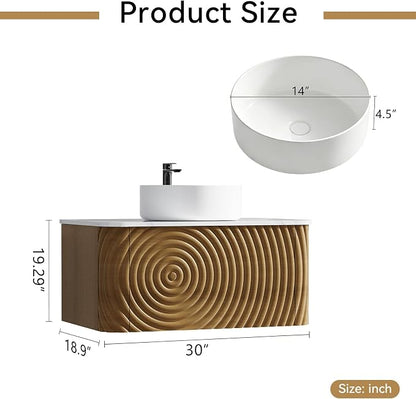 30" Floating Bathroom Vanity with Sink, Mid-Century Wall Mounted Bathroom Vanity Cabinet with Waved Decor, Ceramic Vessel Basin, Sintered Stone Top, Soft Close Storage Drawer, Natural