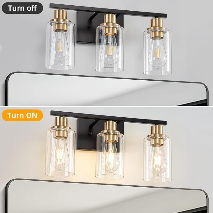 3 Light Bathroom Wall Light Fixture Vanity Wall Lights Over Mirror | Wall Sconce Lighting with Clear Glass Shades, Modern Wall Lights Wall Lamp for Mirror, Hallway Kitchen Bedroom Cabinet