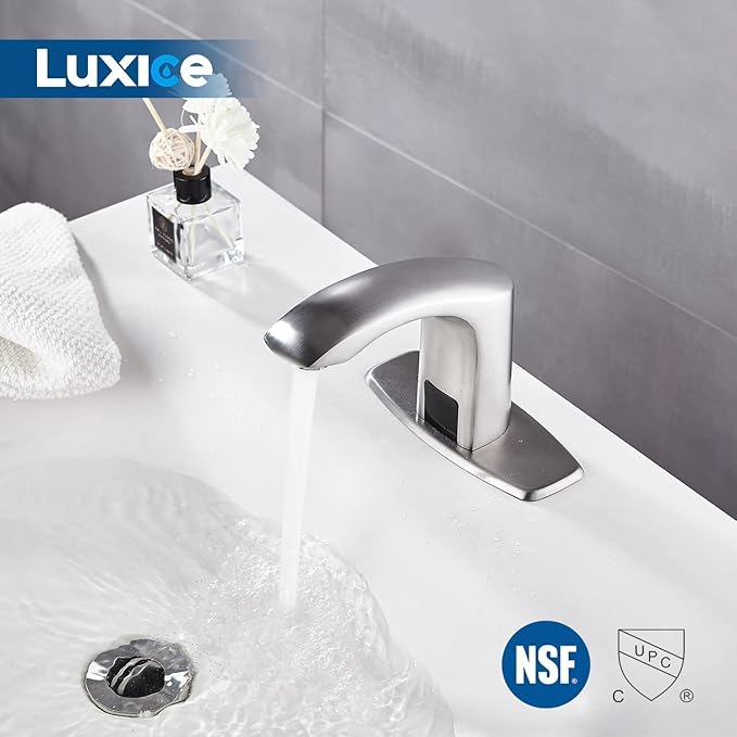 Luxice Sensor Automatic Touchless Bathroom Sink Faucet Hot & Cold Mixer Cover Plate Included Faucet, Brushed Nickel