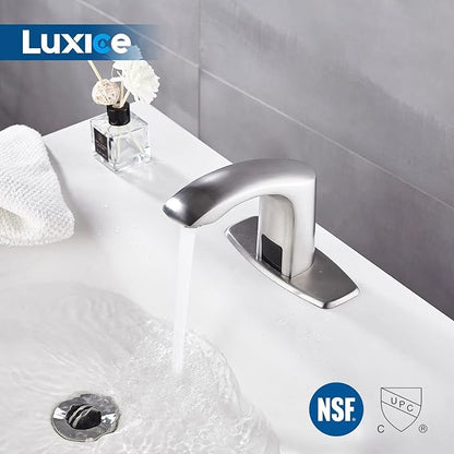 Luxice Sensor Automatic Touchless Bathroom Sink Faucet Hot & Cold Mixer Cover Plate Included Faucet, Brushed Nickel
