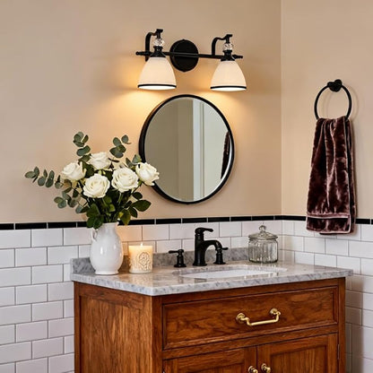 Bathroom Lighting Fixtures Over Mirror, 2-Light Matte Black Vanity Light with Frosted Glass, Anti-Rust Metal Framed Bathroom Wall Lamp Sconces for Mirror Bedroom, Living Room Hallway