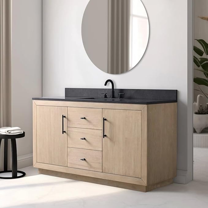 Vanity Art 60" Bathroom Vanity with Sink, Vanity Cabinet with Doors and Shelf, Modern Wood Bathroom Vanity with White Marble Top, Solid Wood Frame, 3 Functioning Drawers,VA70-60-SLW-E