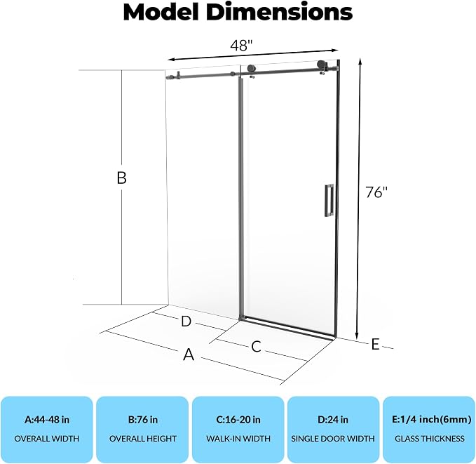 GarveeLife Frameless Sliding Shower Door 44-48 Inch W× 76 Inch H – Matte Black Stainless Steel Round Rail, Fixed Panel and Sliding Glass Shower Door with 6mm Tempered Glass, Easy Clean Coating
