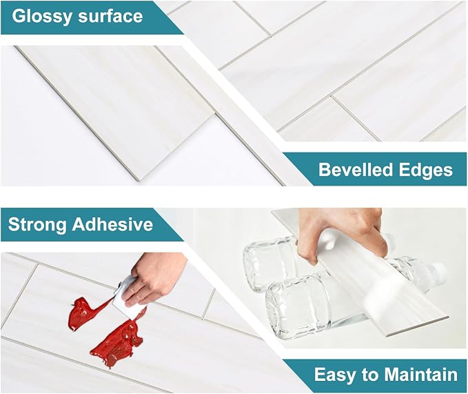 Vamos Tile Peel and Stick Backsplash, Glossy 40-Piece 3''x12'' Subway Tile | Dolomite White with White Grout Wall Tile,PVC Faux Stone Stick on Subway Tiles for Kitchen,Bathroom,Laundry,Camper,Fireplace
