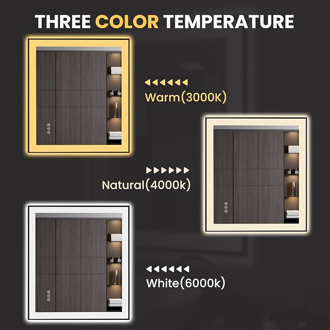 LOAAO 32"X36" LED Bathroom Mirror Black Framed | Anti-Fog, Dimmable, Memory Function, Tempered Glass, Lighted Vanity Mirror for Wall