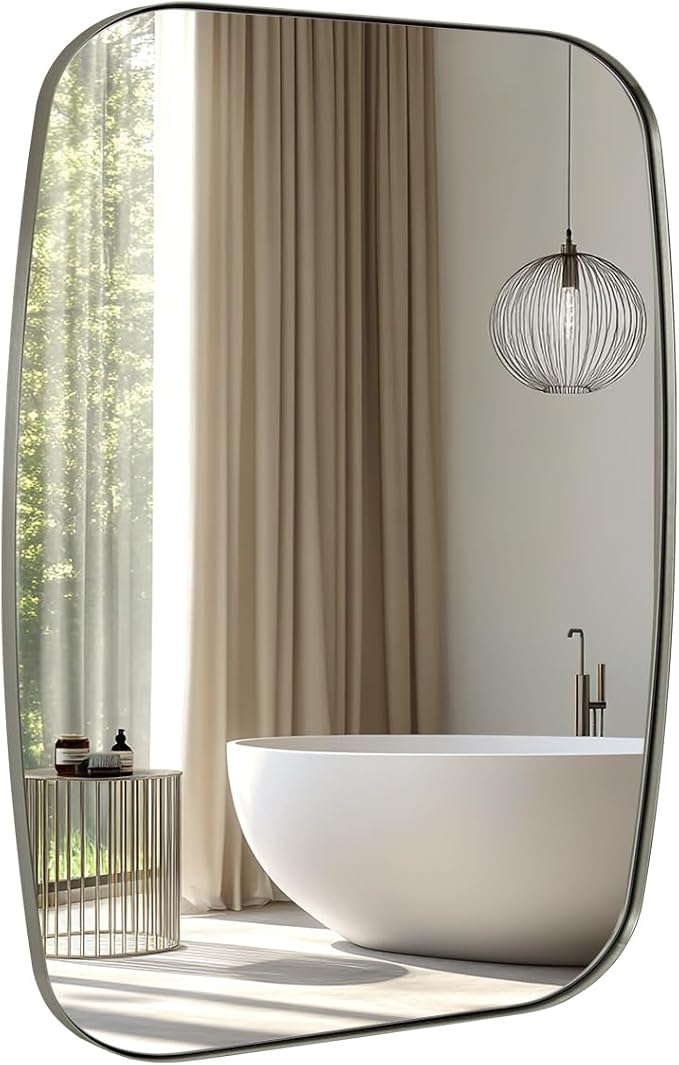 Brushed Nickel Bathroom Mirror, 30x36’’ Oblong Mirror with Stainless Steel Metal Frame, Silver Oval Vanity Mirror for Over Sink, Modern Anti Rust Wall Mounted