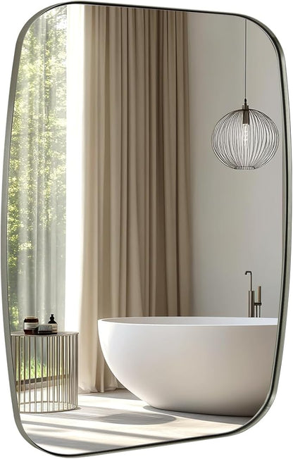 Brushed Nickel Bathroom Mirror, 30x36’’ Oblong Mirror with Stainless Steel Metal Frame, Silver Oval Vanity Mirror for Over Sink, Modern Anti Rust Wall Mounted