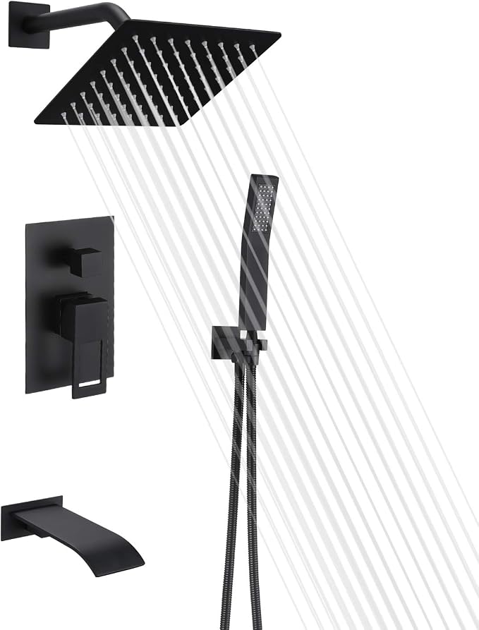 SUMERAIN Matte Black Rain Shower Faucet System with Waterfall Tub Spout | 8" Rain Shower Head, Brass Handheld Shower, Anti-scalding Pressure Balance Valve, Rough-In Valve Included