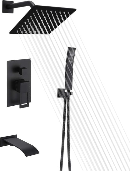 SUMERAIN Matte Black Rain Shower Faucet System with Waterfall Tub Spout | 8" Rain Shower Head, Brass Handheld Shower, Anti-scalding Pressure Balance Valve, Rough-In Valve Included