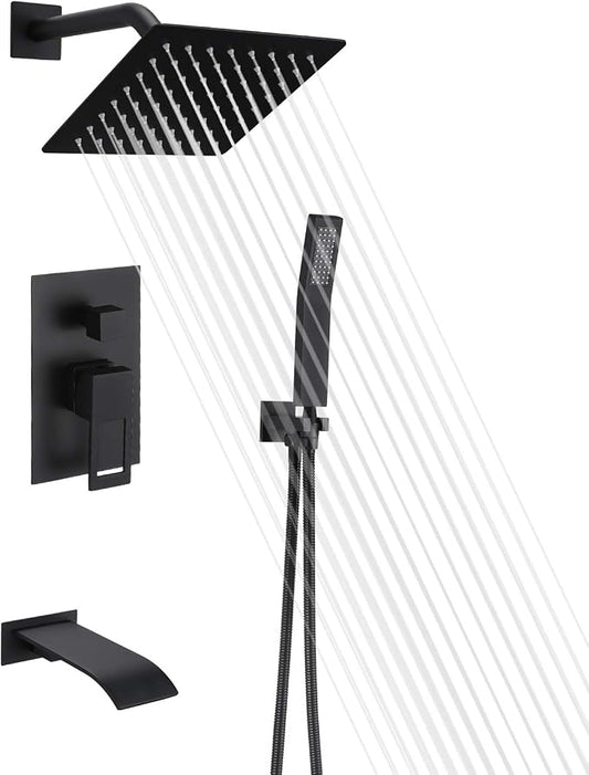 SUMERAIN Matte Black Rain Shower Faucet System with Waterfall Tub Spout | 8" Rain Shower Head, Brass Handheld Shower, Anti-scalding Pressure Balance Valve, Rough-In Valve Included
