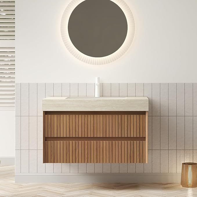 36'' Floating Bathroom Vanity - Wall Mounted Modern Cabinet W/Ceramic Undermount Basin, Plywood Cabinet with Soft Close Drawers, Pre-Assembled, Espresso Woodgrain