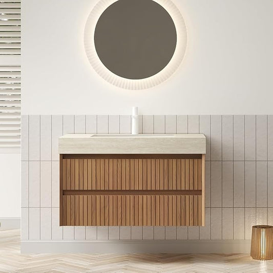 36'' Floating Bathroom Vanity - Wall Mounted Modern Cabinet W/Ceramic Undermount Basin, Plywood Cabinet with Soft Close Drawers, Pre-Assembled, Espresso Woodgrain