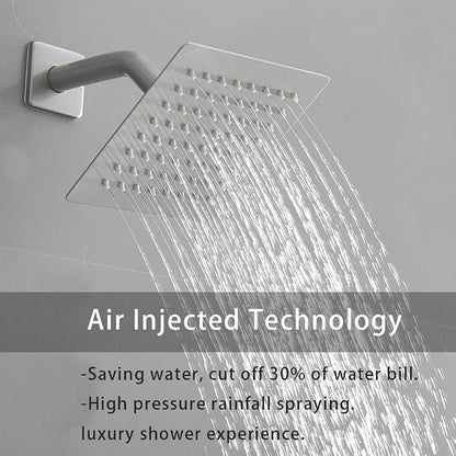 Shower Faucet Set Brushed Nickel 12 Inch Ceiling Mount Rainfall Shower System with 2 Rain Shower Head and Handheld Head Push Button Diverter Shower Trim Kit and Rough-in Valve Body