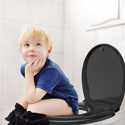 Round Toddler Toilet Seat Adult/Child,Built-In Potty Training Seat, Soft Quiet Close Non-Slip Seat,Magnetic Kids Seat and Cover,Black
